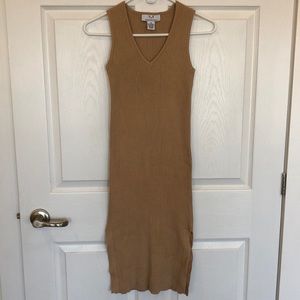 Magaschoni knit tank midi dress tan. Side slits